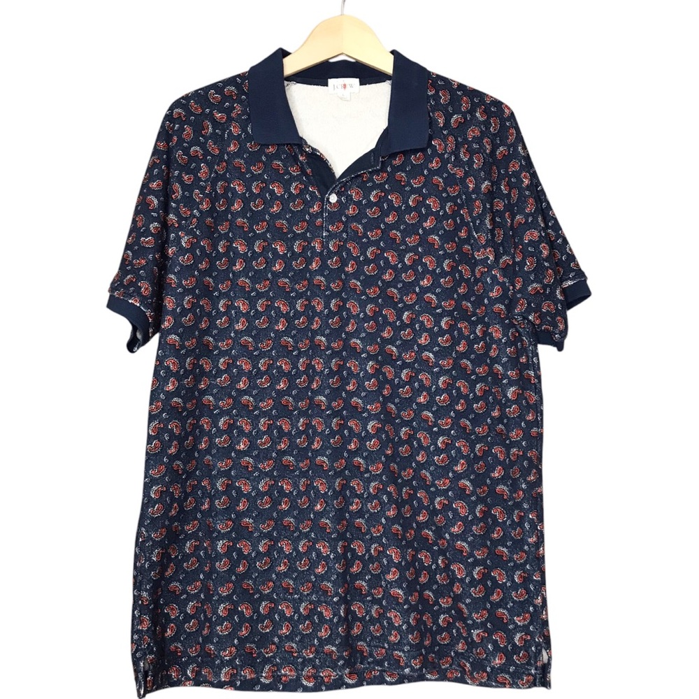 J. Crew Raglan Sleeve Terry Polo Shirt Stamp Paisley Print Navy Red Men's Large